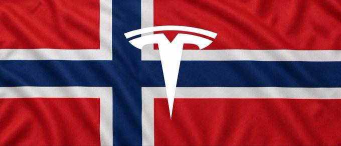 The Tesla logo is superimposed over a waving Norwegian flag.