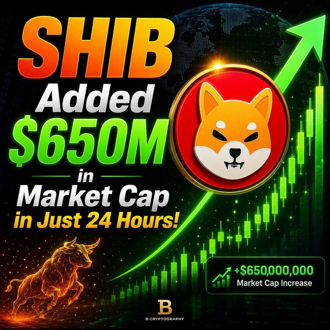 A promotional graphic for Shiba Inu (SHIB) cryptocurrency highlighting a $650 million increase in market cap over 24 hours, accompanied by a rising green chart and a Shiba Inu dog logo.