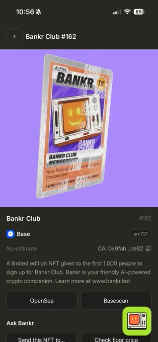 A mobile screenshot showing an NFT listing on OpenSea for 'Bankr Club #162' on Base network, described as a limited edition membership NFT with links to OpenSea and Basescan.
