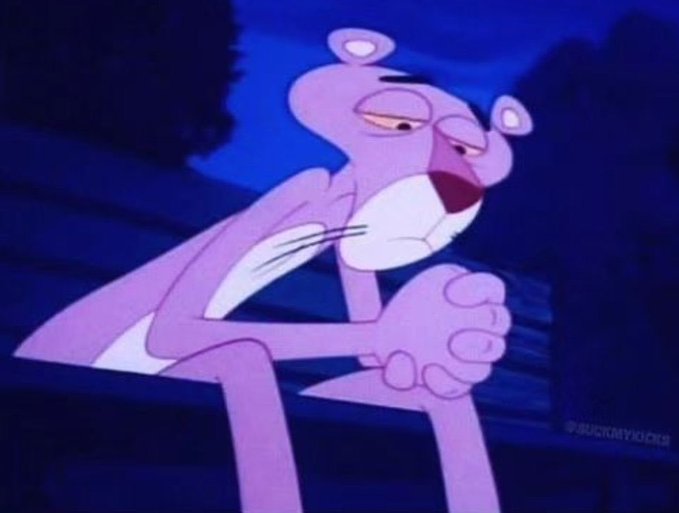 The Pink Panther cartoon character looking tired or unamused, resting his head on his hand with half-closed eyes, with a watermark '@RVCKRMYCOGS' in the bottom right.