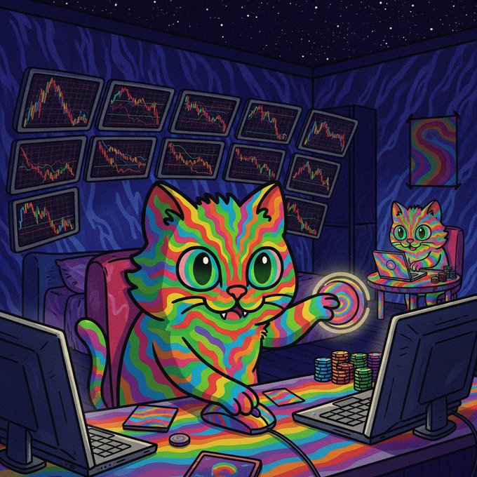 A psychedelic digital illustration of a colorful striped cat sitting at a computer desk with multiple stock chart monitors on the wall behind it, while another cat works on a laptop in the background.