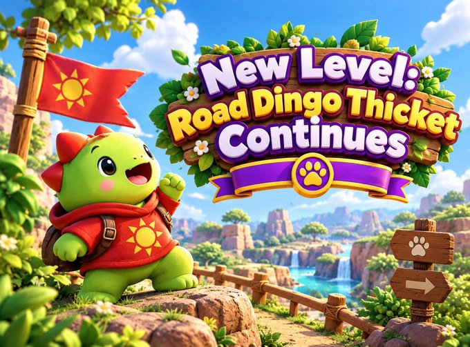 A colorful cartoon promotional image featuring a green dinosaur-like creature wearing a red sun shirt, standing on rocks with a banner reading 'New Level: Road Dingo Thicket Continues' decorated with flowers.