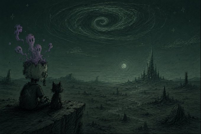 A dark, atmospheric fantasy illustration showing a figure with a cat sitting on a cliff edge, gazing at a spiral galaxy in the night sky above a desolate landscape with distant gothic spires.