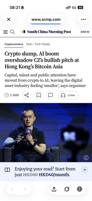 A screenshot of a South China Morning Post article headlined "Crypto slump, AI boom overshadow CZ's bullish pitch at Hong Kong's Bitcoin Asia," featuring a photo of CZ (Changpeng Zhao) seated on stage, which relates to the post lamenting not being able to ask CZ a question at the event about his departure from Binance.