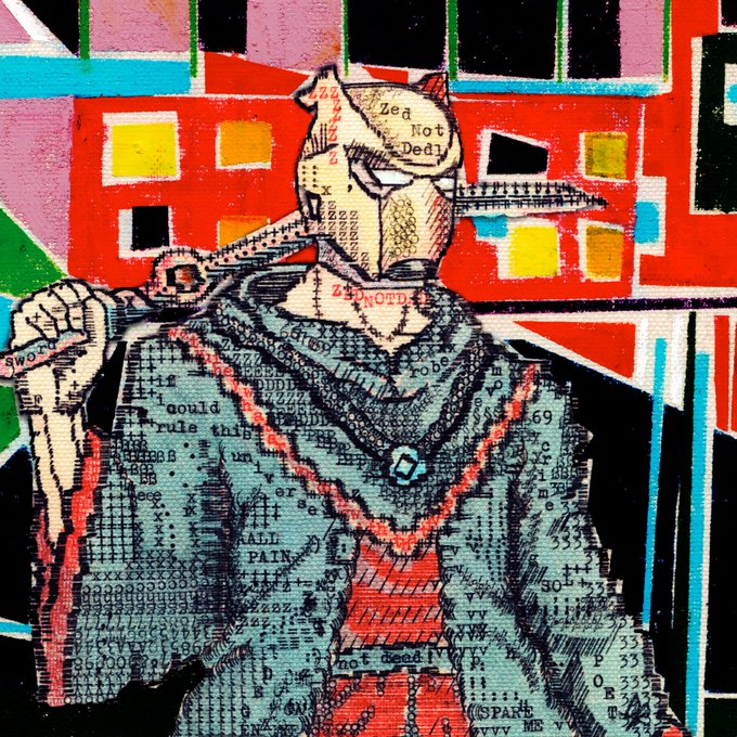 A vibrant, mixed-media painting depicting a figure with a knife-like nose composed of text fragments, set against a colorful geometric background of red, yellow, blue, and black shapes, with text including 'I could rule this' and 'V not need' visible.