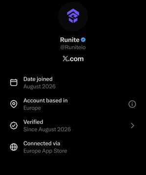 An X.com profile screen for the verified account 'Runite' (@Runiteio) showing a date joined of August 2026, account based in Europe, and connected via the Europe App Store.