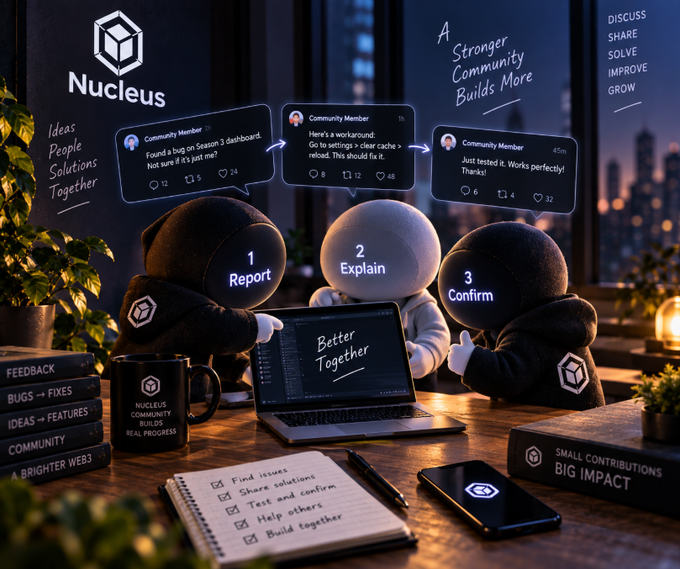 A promotional graphic for 'Nucleus' community platform featuring three hooded figures labeled '1 Report', '2 Explain', '3 Confirm' around a laptop displaying 'Better Together', with text emphasizing community-driven bug fixes.