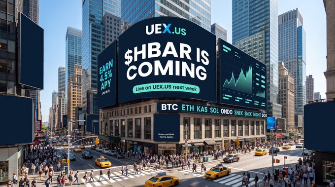 A bustling city scene featuring large digital billboards advertising 'UEX.US', '$HBAR IS COMING', and 'Live on UEX.US next week', alongside crypto tickers like BTC, ETH, KAS, SOL, ONDO, SNEK, NIGHT, and DOG.