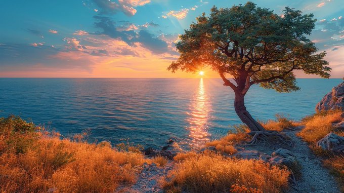 The image features a beautiful sunset over the ocean, with a tree growing near the water's edge. The sky is filled with warm hues of orange and yellow as the sun sets behind the horizon. The scene captures the essence of nature and tranquility, creating an inviting atmosphere for viewers to appreciate the beauty of the moment.

The image also includes text that reads "GM GN EveryONE You don' t have to be loud about your goals. Just be consistent. Consistency over time makes more noise than any announcement ever could. Let' s read about @quipnetwork today". This message complements the serene and peaceful setting of the sunset, emphasizing the importance of consistency in achieving one's goals or appreciating life's simple pleasures.