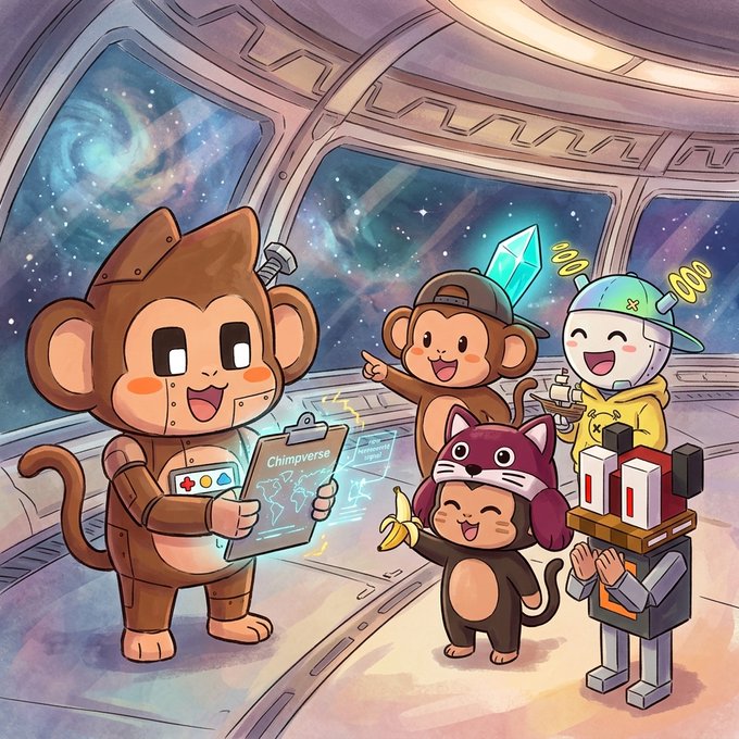 A cartoon illustration shows several cute monkey characters in a spaceship setting, including one holding a clipboard labeled 'Chimpverse' and another holding a banana.