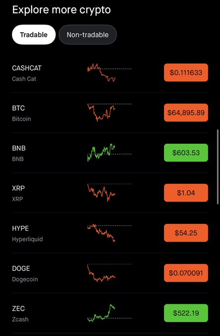 The image shows a cryptocurrency trading app's "Explore more crypto" section under the "Tradable" filter, displaying coins with mini price charts and current prices, including Cash Cat ($0.111633) listed at the top above Bitcoin ($64,895.89), BNB ($603.53), XRP ($1.04), Hyperliquid ($54.25), Dogecoin ($0.07091), and Zcash ($522.19)—illustrating the user's observation that Cash Cat appears prominently ranked above major cryptos for unknown reasons.
