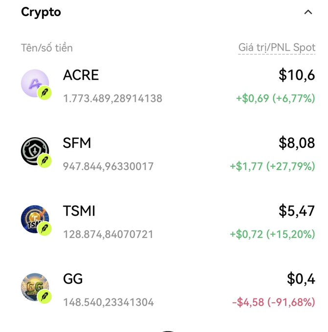 A cryptocurrency portfolio screenshot in Vietnamese displaying holdings for ACRE ($10.6, +6.77%), SFM ($8.08, +27.79%), TSMI ($5.47, +15.20%), and GG ($0.4, -91.68%).