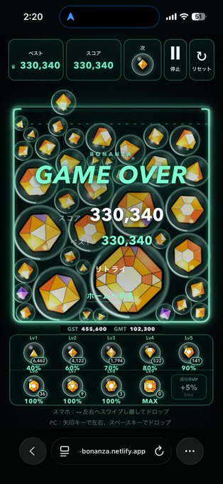 The image shows a phone screen with a game app that has a "GAME OVER" message displayed at the top, indicating that the player has lost all their points or completed the game. The app also features a table of scores for various levels within the game.