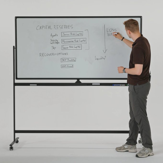 A man writes on a whiteboard displaying a breakdown of capital reserves, including "Junior Risk Capital," "Mezzanine Risk Capital," and "Senior Risk Capital," alongside "Recovery Options" like "SKY Bucketshop" and "USDS Haircut," illustrating the mechanism behind the sUSDS stablecoin discussed in the post.