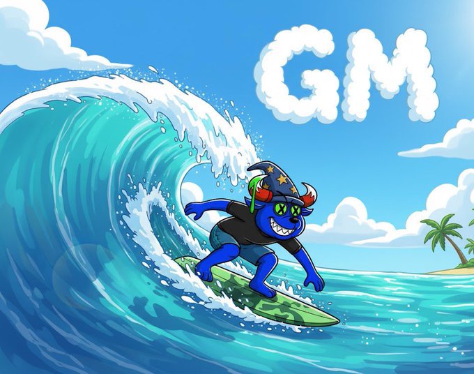 A cartoon blue creature with green goggles and a wizard hat surfs on a large wave, with 'GM' written in cloud letters in the sky.