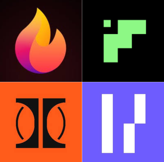 Four app logos displayed in a 2x2 grid: a flame icon, a green pixelated icon, an orange logo with 'II', and a purple 'h' logo.