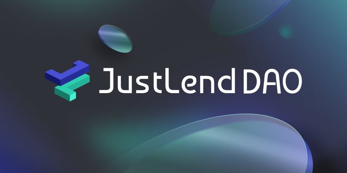 The image displays the JustLend DAO logo, featuring a stylized "J" emblem in blue and teal alongside the white text "JustLend DAO" set against a dark blue gradient background with floating 3D coin-like elements. The branding visually reinforces the article's focus on JustLend DAO's decentralized approach to agile risk management on the Tron network.