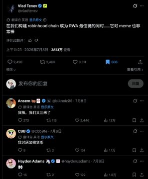 A screenshot of a tweet by @vladserebrov ("Vlad Tenev") posted on November 26, 2024, with 3,817 comments, discussing Robinhood building an RWA platform and "memes." The accompanying post references "uni and rh" having a planned conspiracy, which loosely connects to the tweet's mention of blockchain/RWA infrastructure by major financial platforms.