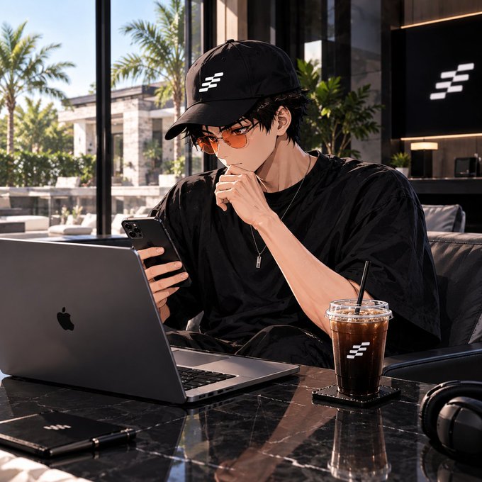 An anime-style illustration of a young man in a black cap and orange sunglasses using a smartphone and Apple MacBook laptop at a marble table with an iced coffee in a modern lounge.