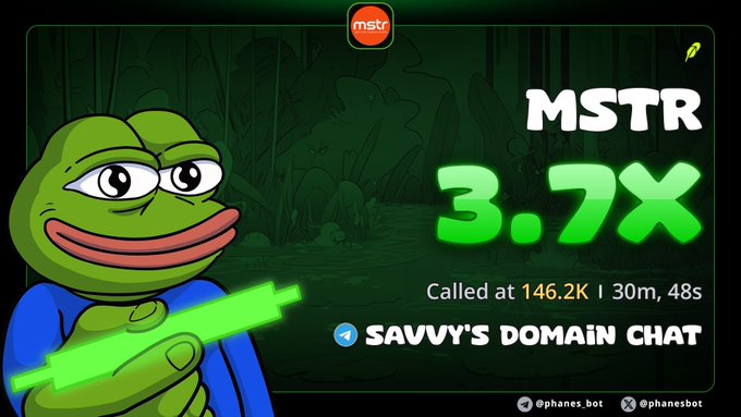 A meme graphic featuring a Pepe the Frog character holding a green gun, advertising 'MSTR 3.7x' called at 146.2K, by @phanes.bot.