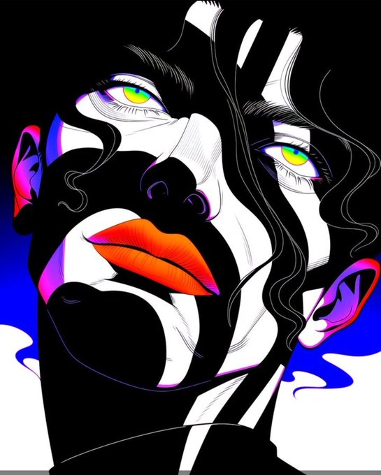 A stylized portrait of a figure with vivid green-yellow eyes, bright orange lips, and flowing black hair emerges from a stark black, white, and blue background, evoking the mysterious, dramatic intensity of Alexandre Dumas' *The Count of Monte Cristo*. The haunting, fragmented face visually echoes the themes of betrayal and concealed identity central to the epic's narrative.