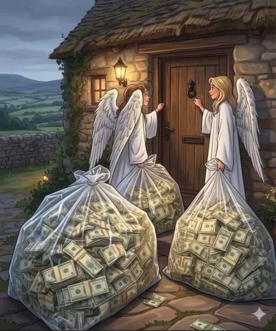 Two angels with large white wings stand at the wooden door of a rustic stone cottage, each holding transparent bags overflowing with stacks of cash, tying the "$" caption to the imagery of abundant wealth.