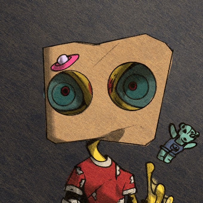 The image features a cartoon character wearing a brown paper bag hat with a pink antennae, standing against a dark background. The character appears to be holding up two fingers in a peace sign gesture. In the bottom right corner of the image, there is a small green teddy bear sitting on its hind legs and pointing towards the character's hand.