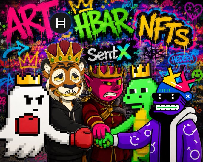 A vibrant graffiti-style poster for 'ART HBAR NFTS' featuring cartoon characters wearing crowns, including a tiger, a devil, and pixelated figures, with graffiti tags and references to SentX, ARC, and Hedera.