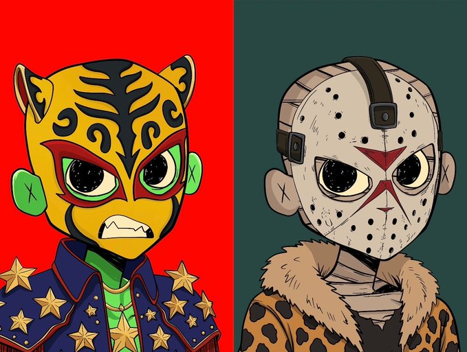 A split illustration showing a wrestler with a yellow and black tiger mask on a red background on the left, and another wrestler with a hockey-style mask on a dark green background on the right.