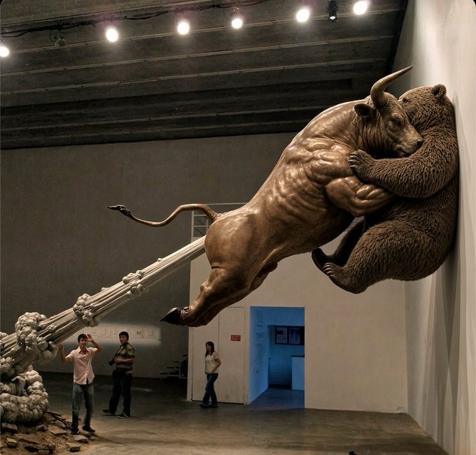 A dramatic bronze sculpture depicts a massive bull charging through a wall and embracing a bear, symbolizing the explosive $TSLA stock surge to $486K. The scale of the artwork is emphasized by small human visitors standing beneath the bullish spectacle, visually capturing the post's commentary on Tesla's meteoric rise.