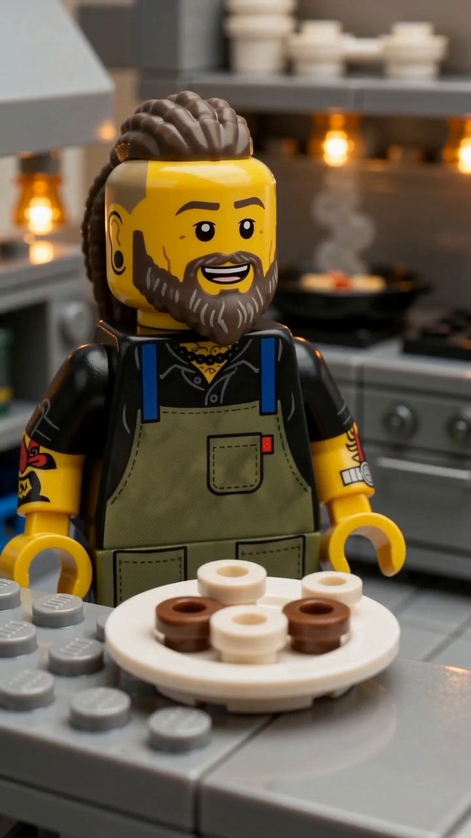 A smiling LEGO minifigure with brown hair, a beard, and tattooed arms, wearing a green apron over a black shirt, stands in a kitchen holding a plate of donuts and chocolate pastries. The "‍‍?!" caption suggests surprise or confusion, fitting the scene as the cheerful chef proudly presents his sweet treats.