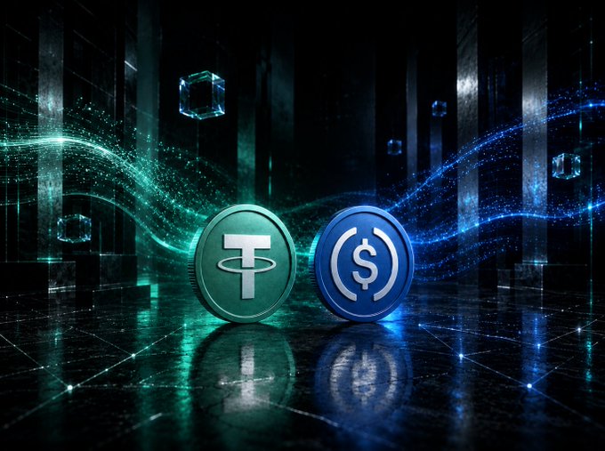 Two 3D coins—a green Tether (USDT) and a blue USDC—stand against a dark digital backdrop swirling with green and blue particle streams, visually representing the distinction between different stablecoin networks discussed in research from Coin Metrics and Talos.