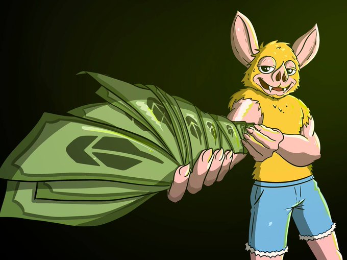 A cartoon illustration of a yellow bat-like furry character wearing blue shorts and holding a massive fan of green banknotes.