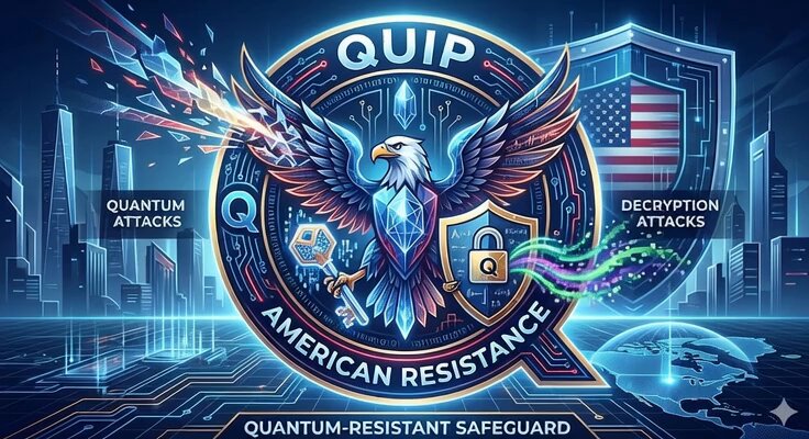 The image features a blue shield with an eagle emblem, surrounded by text that reads "QUIP American Resistance". The background of the image shows a city skyline, indicating that this might be related to a campaign or event promoting resistance against certain attacks or threats.