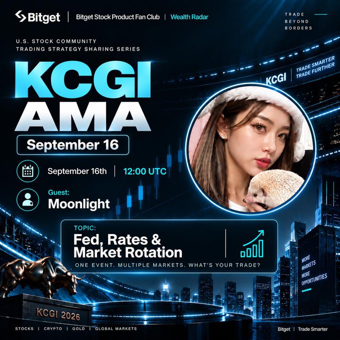 A Bitget promotional graphic for a KCGI AMA event on September 16th at 12:00 UTC, featuring guest "Moonlight" discussing the topic "Fed, Rates & Market Rotation," which directly aligns with the post announcing her participation in the English-language community chat about recent trades and market conditions.