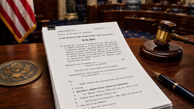 A legal document titled "H.R. 3623" and "Amendment" rests on a courtroom bench beside a wooden gavel, pen, and judicial seal, symbolizing legislative action on the proposed CLARITY Act. The image reinforces the call to "Pass the Clarity Act Now," visually evoking official congressional proceedings and bipartisan legal agreement.