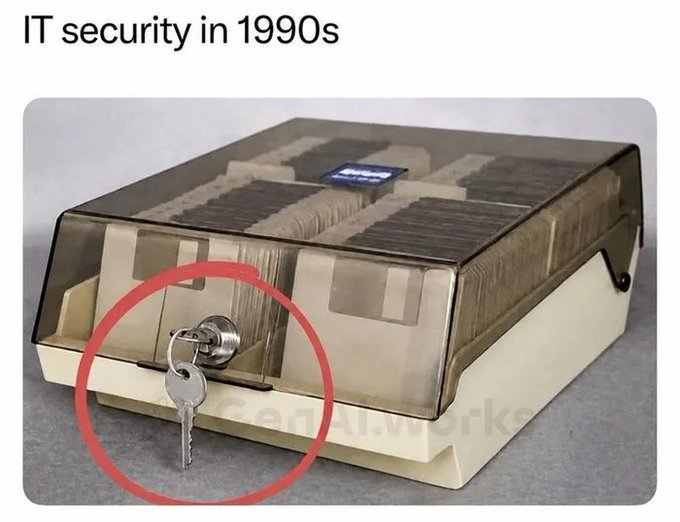 A humorous meme captioned 'IT security in 1990s' showing a disk storage container secured with a physical padlock and key, with the key circled in red.