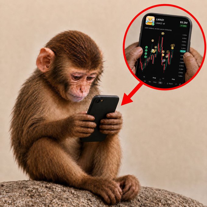 A monkey sitting on a rock looking at a smartphone, with a zoomed-in circle showing a stock chart for the ticker 'LMAQ' priced at $3.3M.
