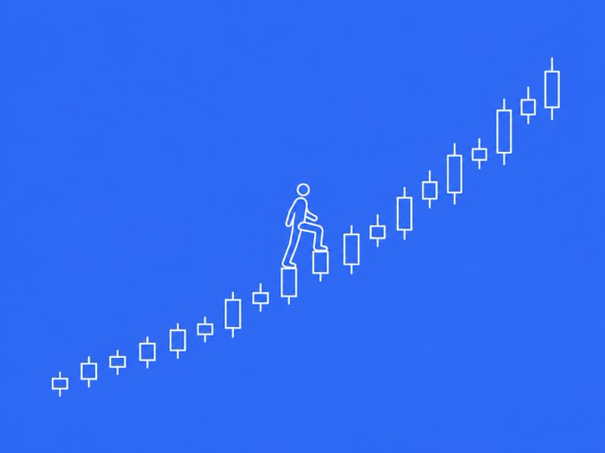 The image features a stick figure steadily climbing a staircase of ascending candlesticks on a blue background, illustrating consistent progress over time. The visual reinforces the message "steady beats sudden, every time" by depicting gradual, persistent upward movement rather than dramatic leaps.