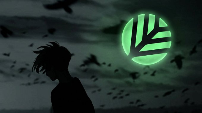 A moody anime-style illustration with a silhouetted figure on the left and a glowing green tree logo inside a circle on the right, set against a dark cloudy sky with birds flying.