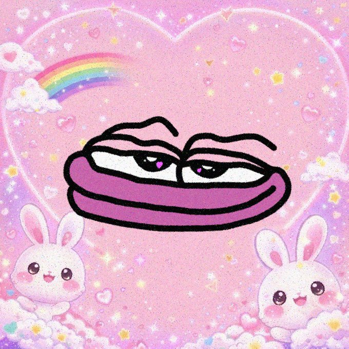 A pink-themed digital illustration featuring a stylized pair of pink lips with eyes in the center, surrounded by sparkles, hearts, a rainbow, clouds, and two cute white bunnies.