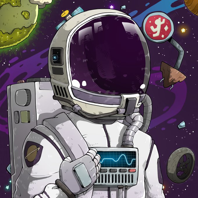 A cartoon illustration of an astronaut in a white spacesuit with a blacked-out visor, holding a control device, set against a colorful space backdrop with planets, stars, and floating debris.