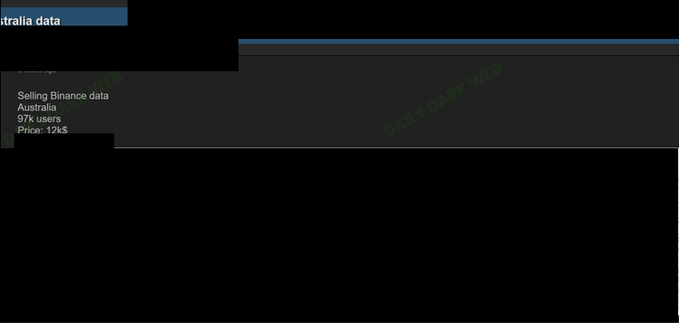 A dark-themed screenshot displays a threat actor's underground marketplace listing offering Binance Australia user data for sale, with text reading "Selling Binance data, Australian, 97k users, Price: 12k$" overlaid with a "Daily Dark Web" watermark.