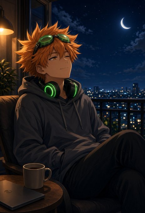 An anime-style illustration shows a young man with spiky orange hair, green goggles, and glowing green headphones resting on his chest, sitting by a balcony overlooking a city at night with a crescent moon, accompanied by a coffee mug and laptop.