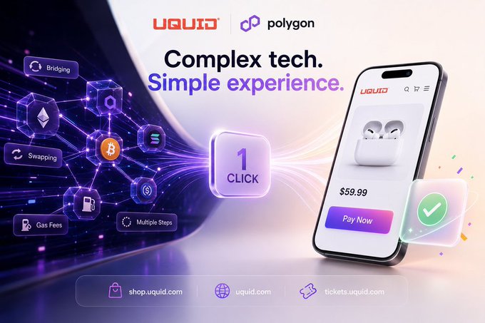 A promotional banner for Uquid and Polygon featuring the tagline 'Complex tech. Simple experience.' It highlights features like Bridging, Swapping, Gas Fees, and Multiple Steps on the left, with a central '1 CLICK' button and a smartphone showing an AirPods product priced at $59.99 with a 'Pay Now' button, alongside links to shop.uquid.com, uquid.com, and tickets.uquid.com.