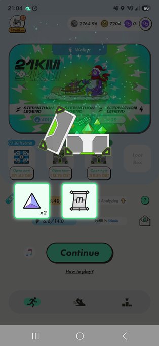 A STEPN app screen shows a virtual sneaker NFT reward interface with a 'Stepathlon Legend' banner, indicating rewards of x2 and x1 with a 'Continue' button.