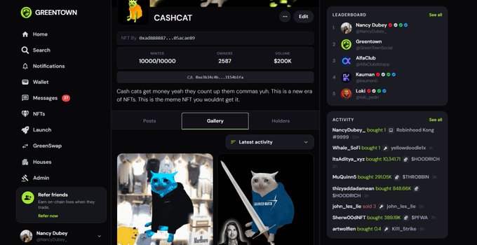 A screenshot of the GREENTOWN NFT platform showing the 'CASHCAT' NFT collection page, which is minted at 10000/10000, has 25.67 owners, and a volume of $200K.