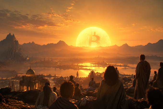 An artistic illustration showing people in robes looking out over a landscape at sunset, with a large sun displaying the 'B' Bitcoin symbol.