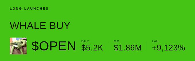 A green data dashboard snippet labeled 'LONG-LAUNCHES' showing a token named 'WHALE BUY' with a status of '$OPEN,' a buy amount of $5.2K, market cap of $1.86M, and a 24-hour change of +9,123%.