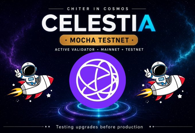 A promotional graphic for 'CELESTIA' Mocha Testnet featuring cartoon astronauts on rockets and a purple Celestia logo against a space-themed background.